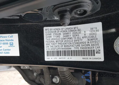 2019 Honda Civic Lx из США, поврежденный, VIN 2HGFC2F61KH589844